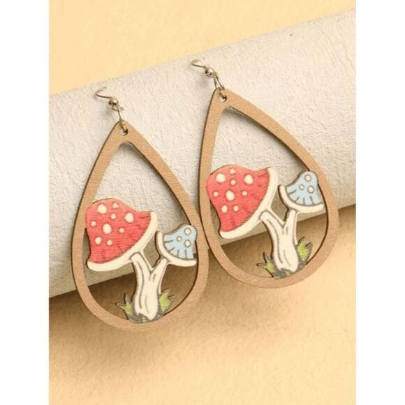 Wooden Mushroom Drop Dangle Earrings - Picture 4 of 6